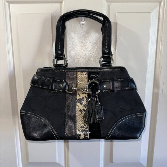 Small Black Coach Hampton Leather Snakeskin Handbag - Picture 2 of 15